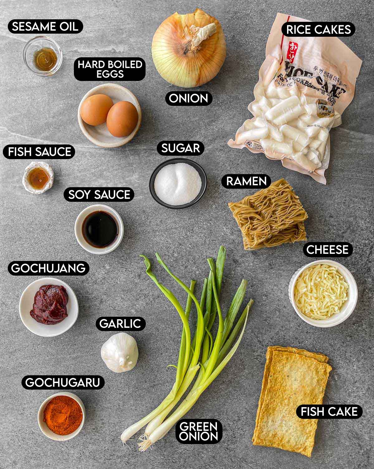 Labeled ingredients needed for rabokki.