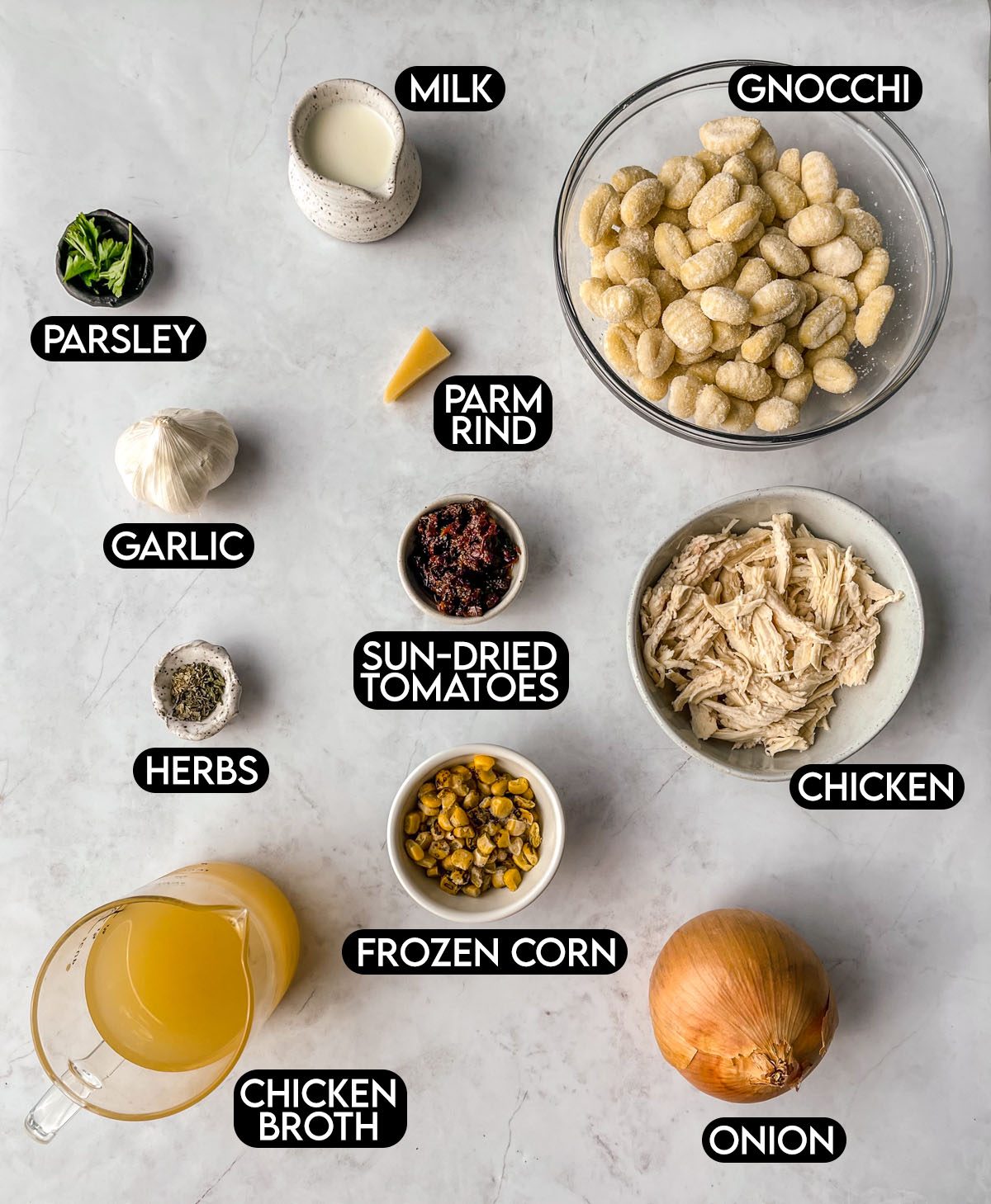 Labeled ingredients for One Pan Creamy Chicken and Gnocchi.