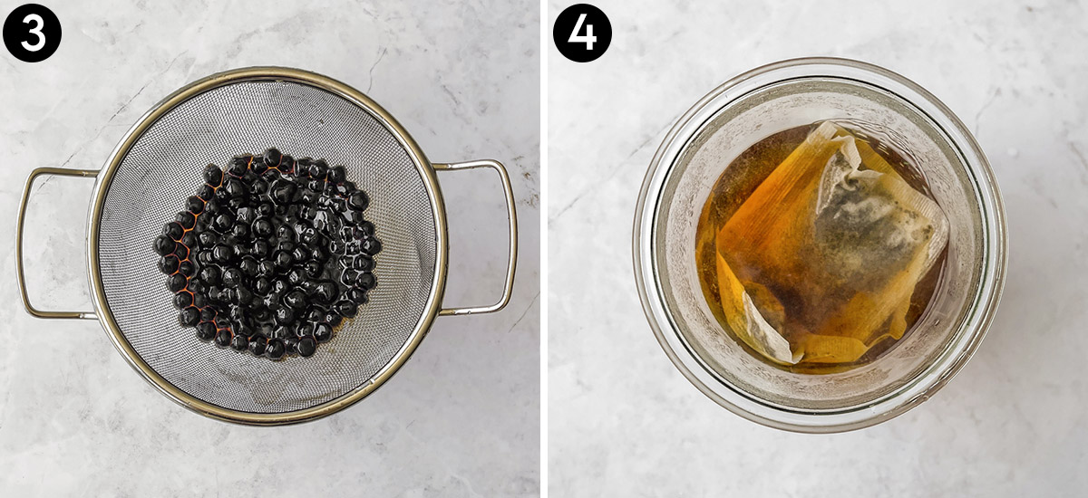 Draining boba in a colander and adding tea bags to hot water in a glass.