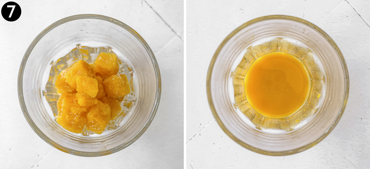 Frozen passion fruit puree in glass and another glass of thawed puree.