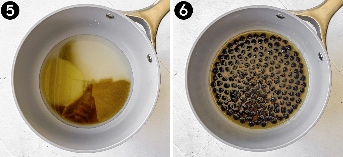 Pot with honey syrup bath and then adding boba to soak.