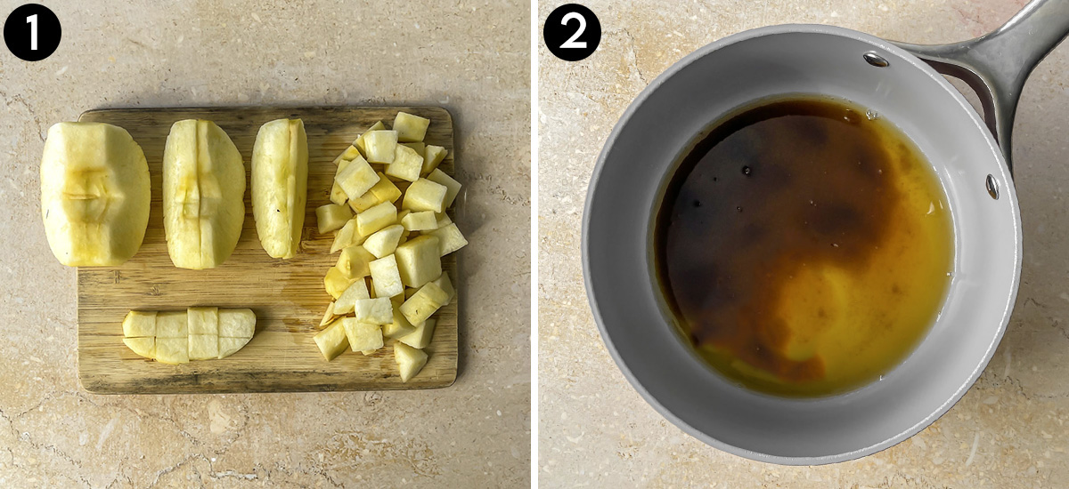 Collage of diced apples and a saucepan or apple juice, white sugar, and brown sugar.