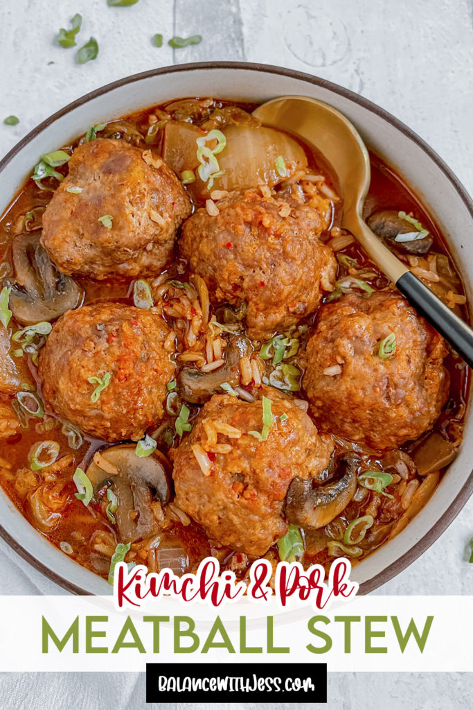 This Korean-style Kimchi and Pork Meatball Stew is filled with hearty rice, juicy pork meatballs, earthy mushrooms, and tangy kimchi. It's nourishing, has tons of flavor, and is deliciously cozy!