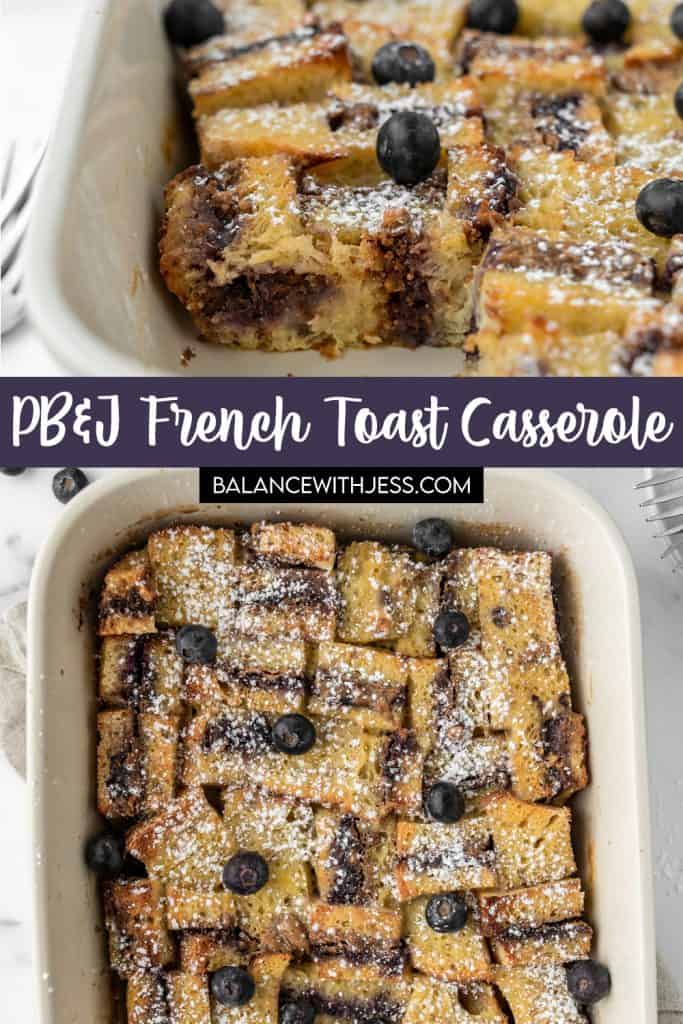 This easy Peanut Butter and Jelly French Toast Casserole combines two comfort foods into one. Homemade blueberry jam and pb sandwiches soak overnight in a delicious custard, then is baked to golden perfection. It's perfect for weekend or holiday brunches!