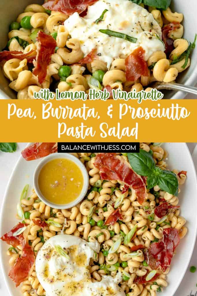 This Pea, Burrata, & Prosciutto Pasta Salad has creamy burrata cheese, crispy prosciutto chips, & lots of fresh herbs. The Lemon Herb Vinaigrette is tart & flavorful. This pasta salad is delicious, easy, & perfect for summer!