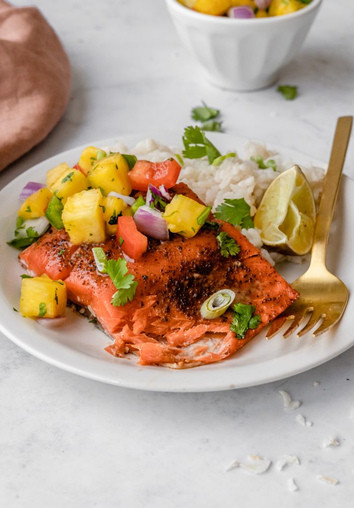 Close up of salmon with pineapple salsa