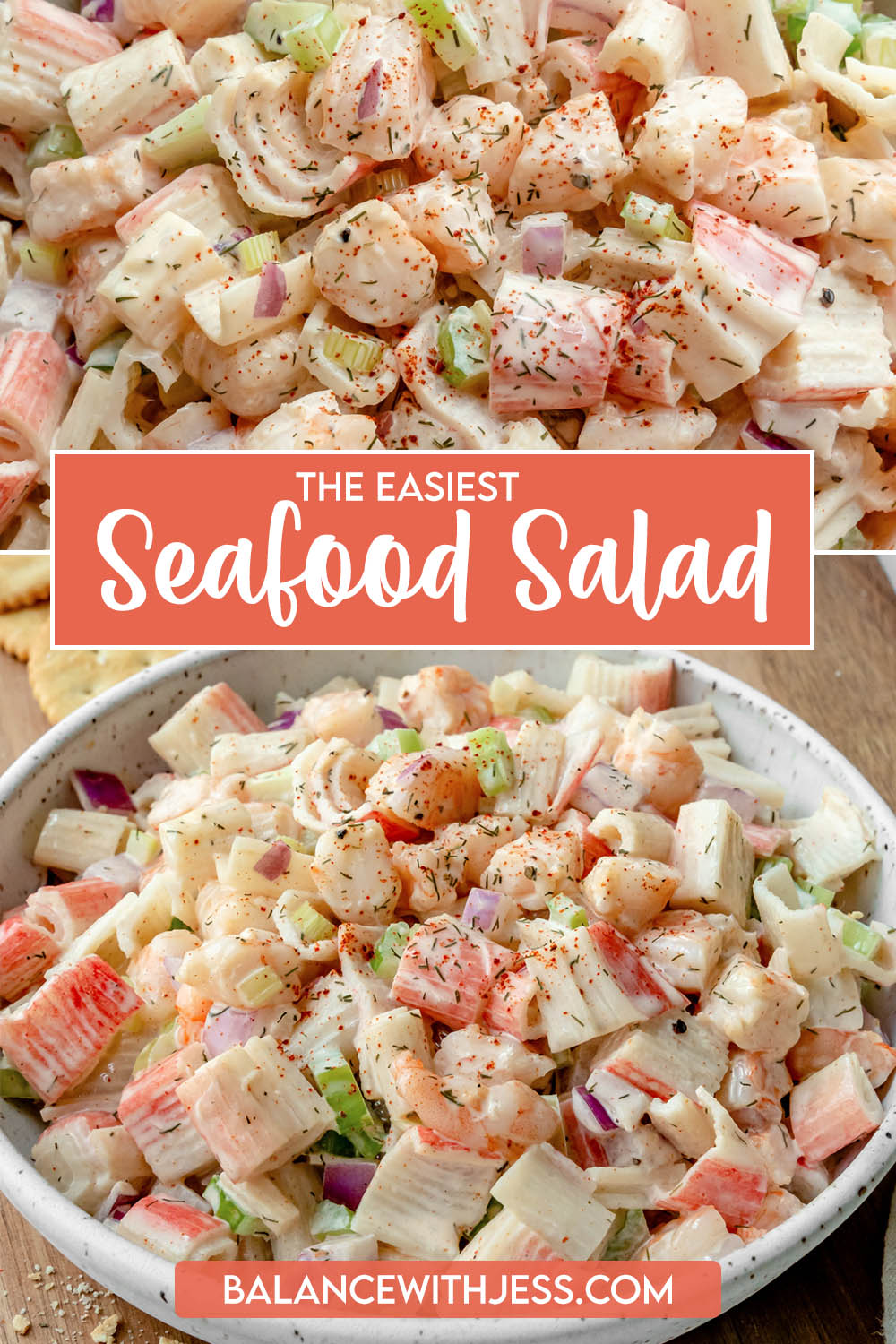 This easy Seafood Salad is light, creamy, and best served cold! It's a delicious blend of imitation crab, fresh shrimp, and fresh vegetables. It's the perfect summer side or snack and great for picnics, BBQs, and cookouts.