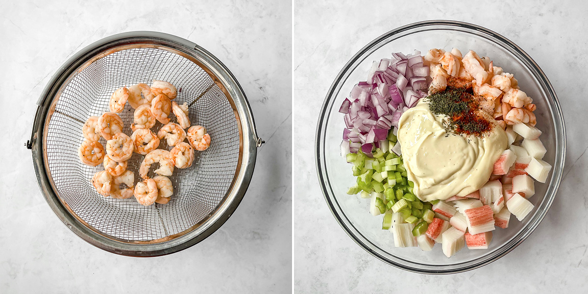 Collage of steamed shrimp and pre-mixed ingredients