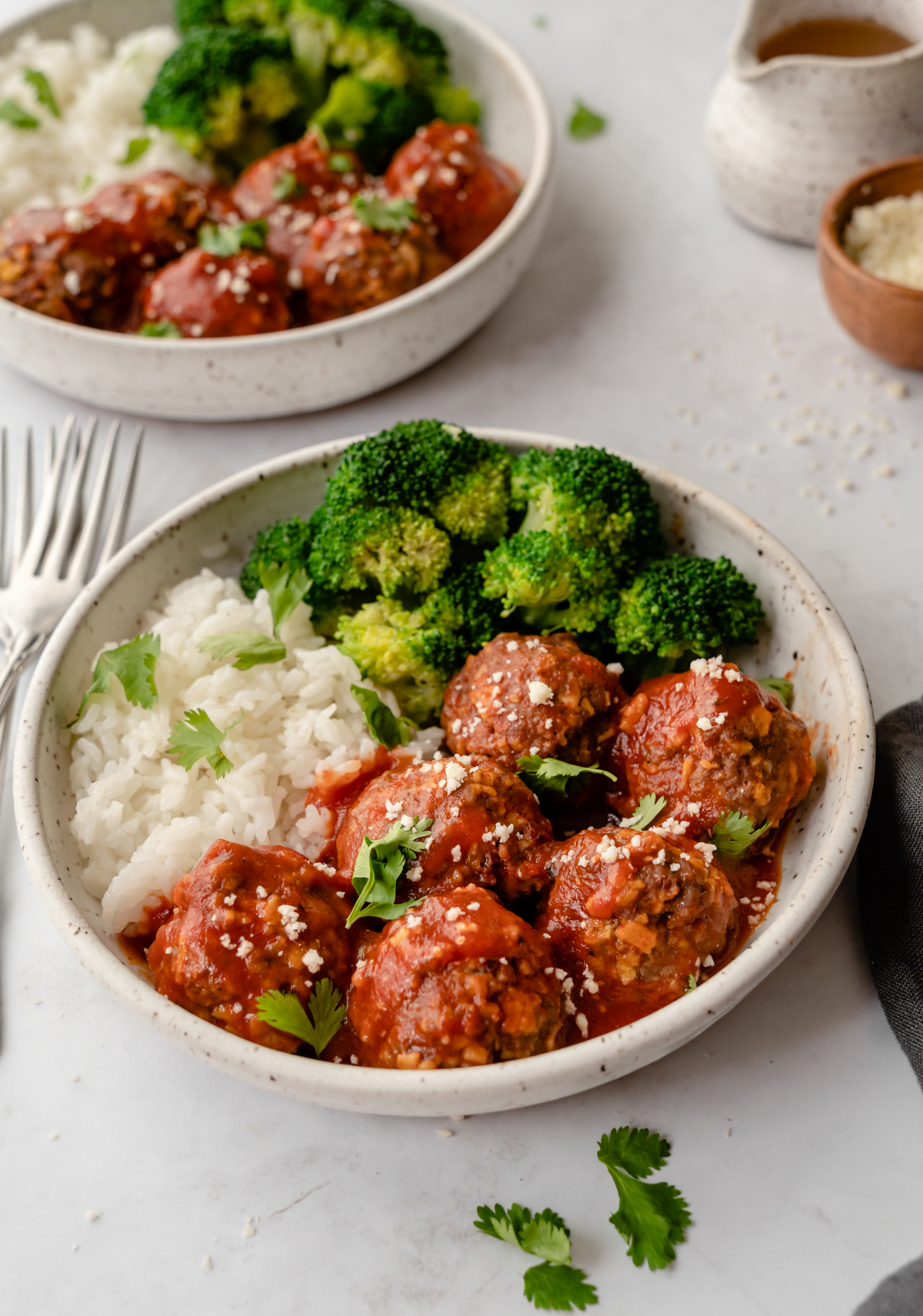 Bowl of meatballs, rice, and broccoli
