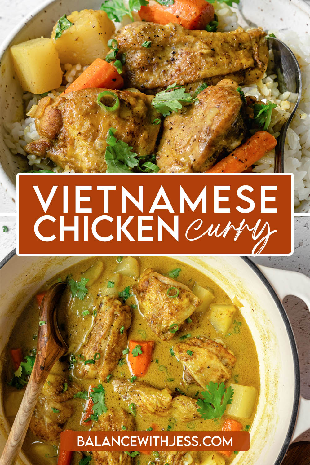 This easy Vietnamese Chicken Curry is packed with flavor! It has very tender chicken thighs and a delicious stew made with coconut milk and fresh lemognrass. Cozy, hearty, and so delicious! Dairy free, gluten free, and all made in one pot.