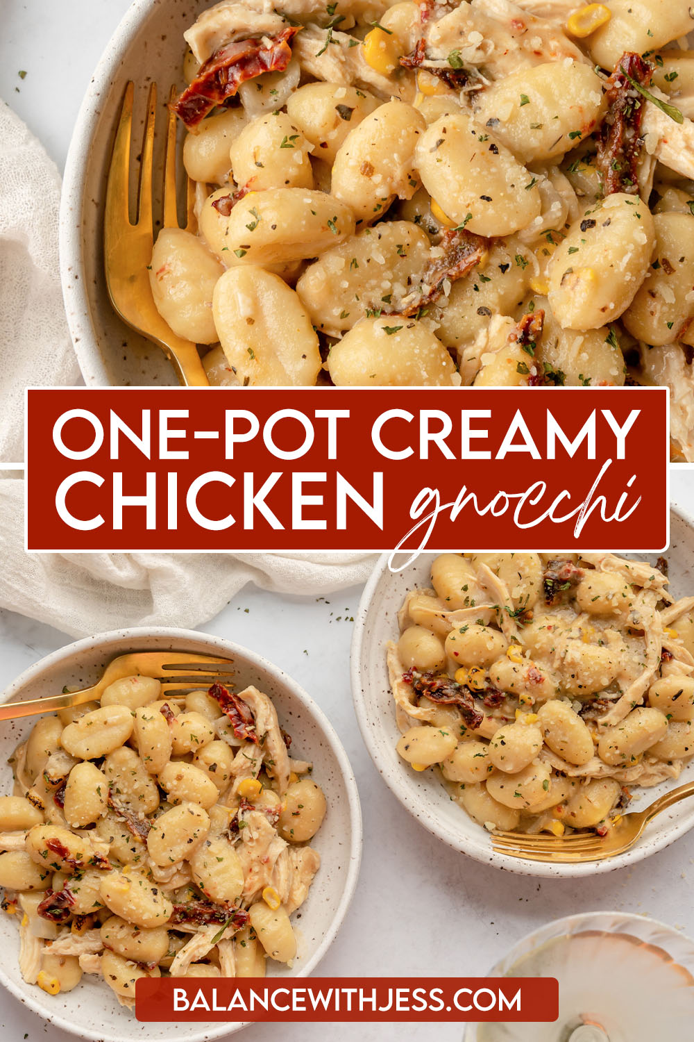 This easy and healthy One-Pot Creamy Chicken Gnocchi is absolutely cozy, saucy, and flavorful. Made with chicken, sun dried tomatoes, corn, and Parmesan cheese for lots of flavor. The perfect weeknight dinner or date night meal.