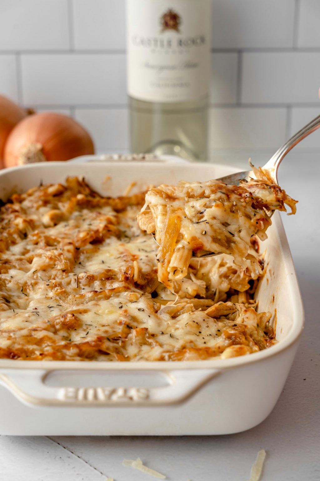 French Onion Chicken Pasta Bake