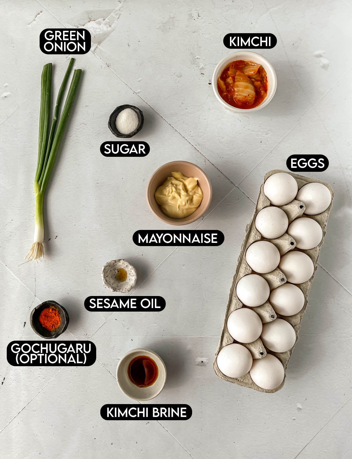 Ingredients needed for kimchi deviled eggs.