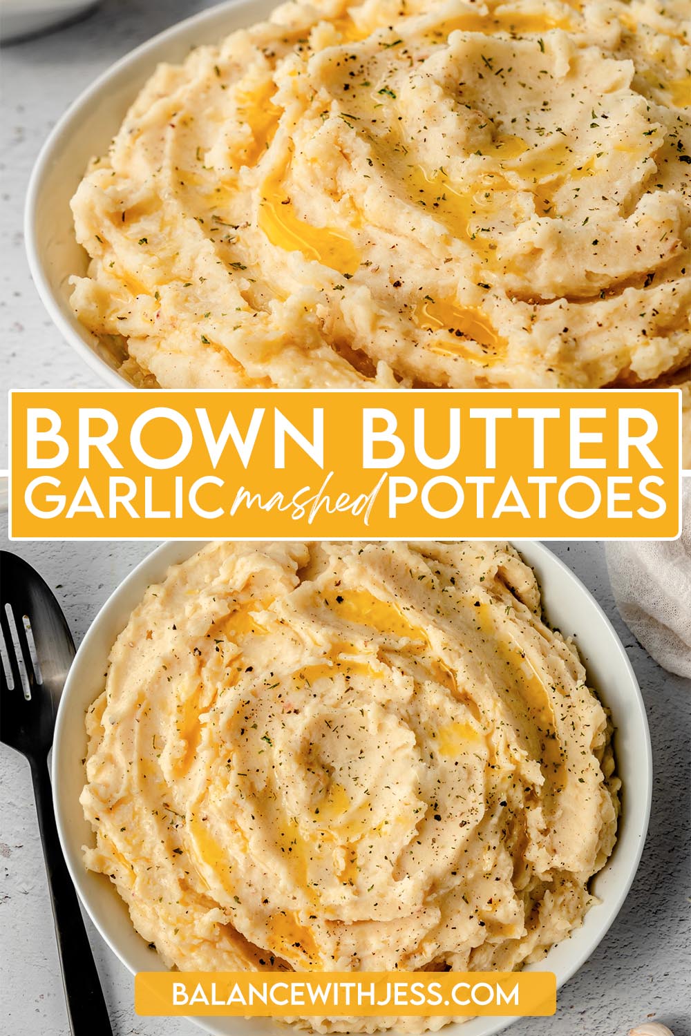 Pinterest image for brown butter garlic mashed potatoes.