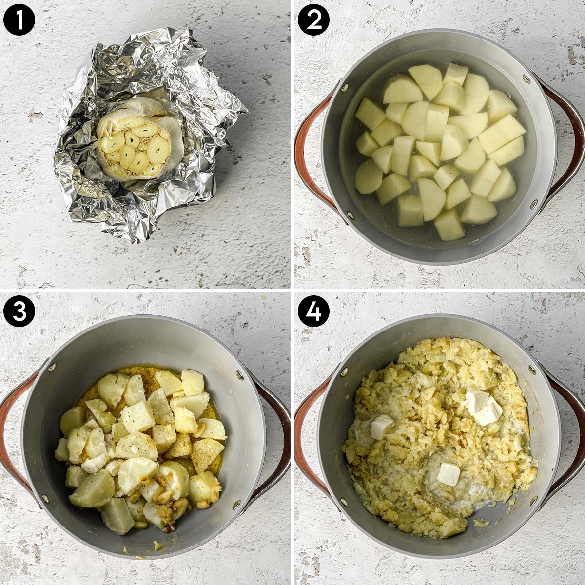 4 step collage on making mashed potatoes