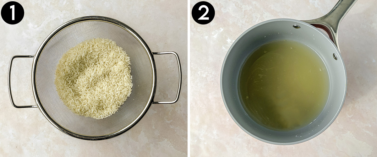 Collage of rinsing rice and broth and water in a saucepot.