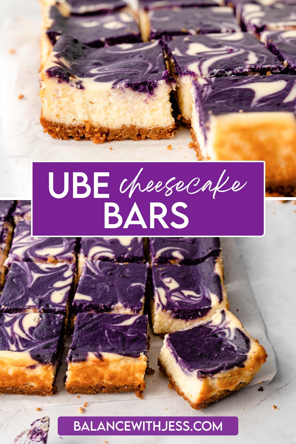 Pinterest image for Ube Cheesecake Bars.