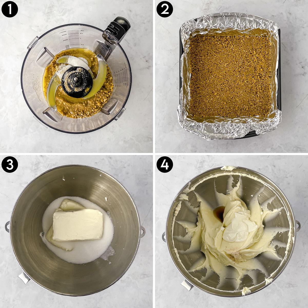 Collage on first four steps to making cheesecake bars.