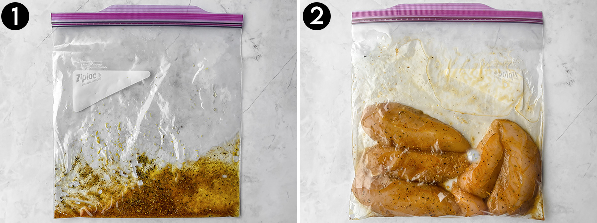 Collage of how to marinade chicken tenders.
