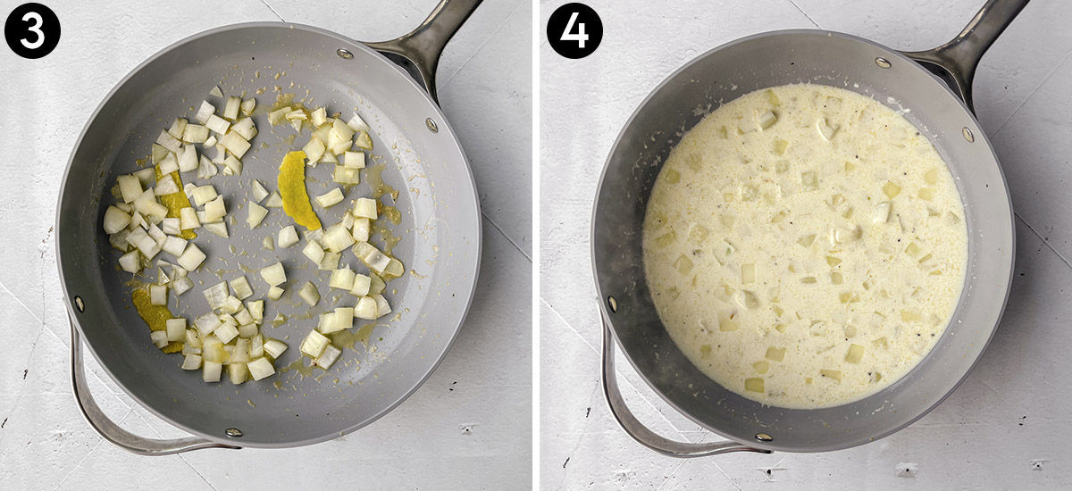 Third and fourth step: cook onion and lemon zest, then add milk.