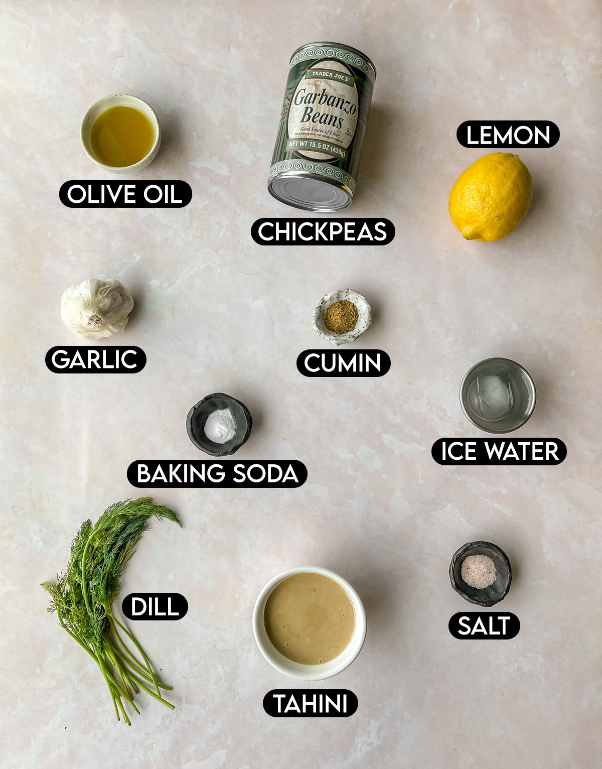 Labeled photo of ingredients needed for Lemon Dill Hummus.