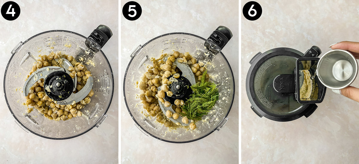 Collage of final steps: adding chickpeas, dill, and ice water to the processor.