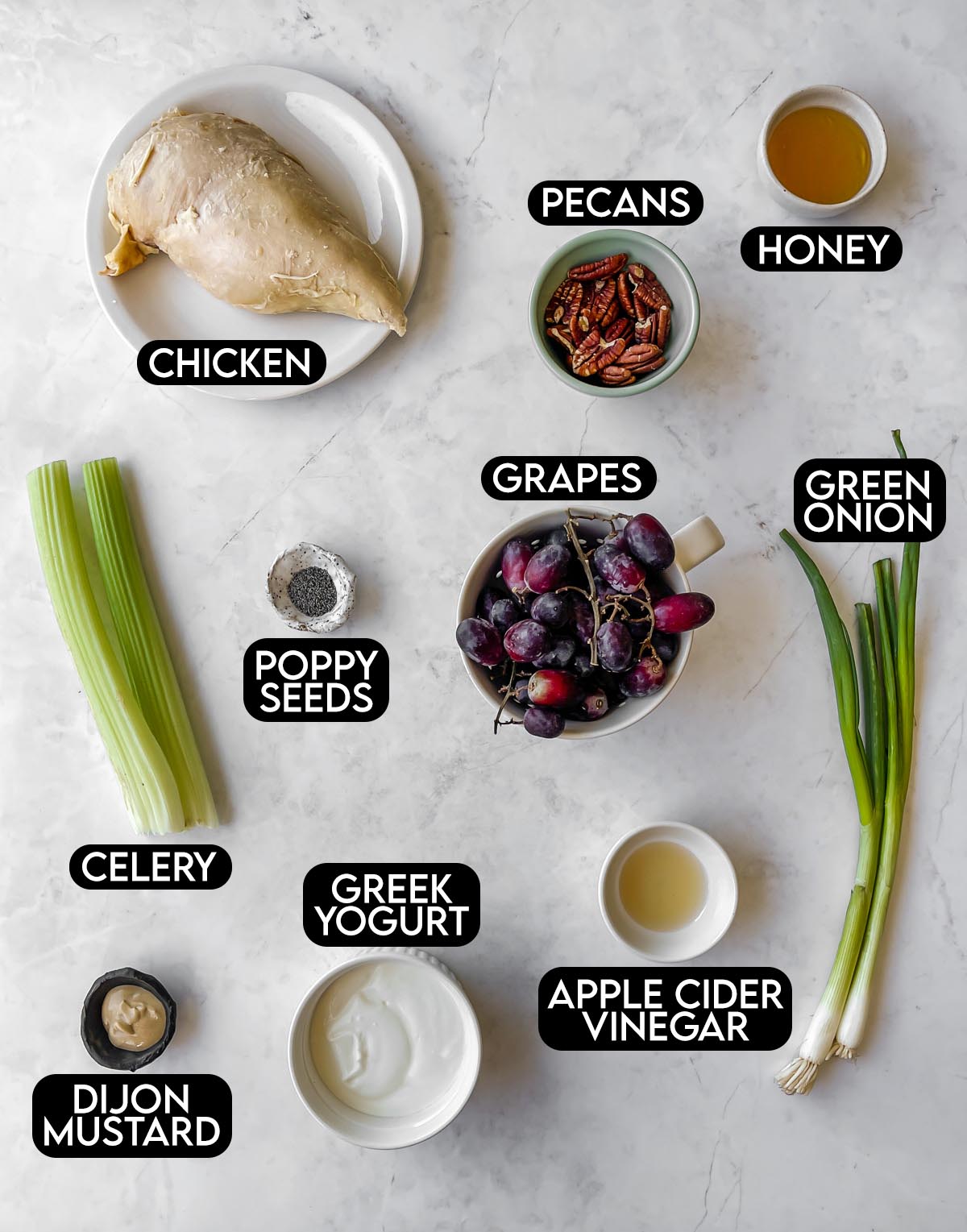 Labeled ingredients for California Chicken Salad