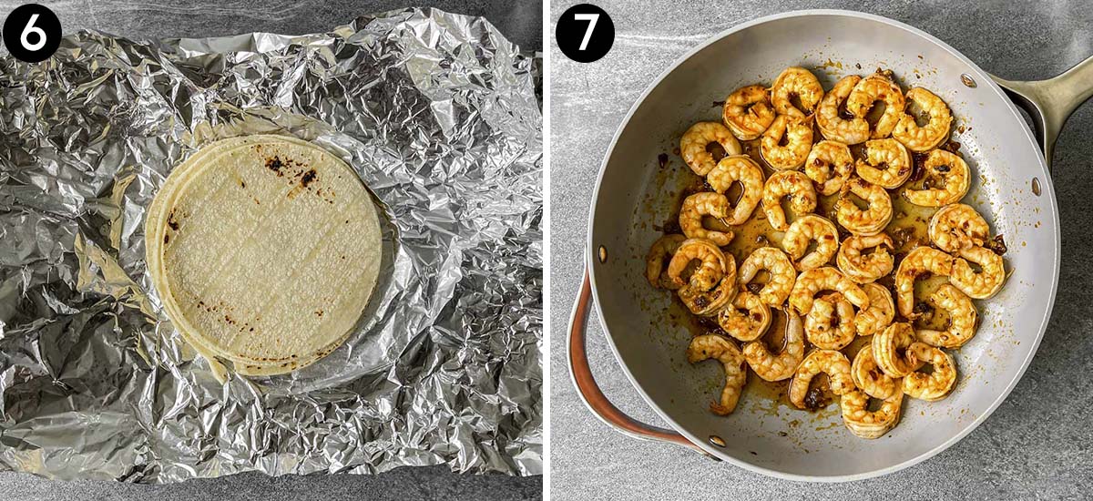 Collage of tortillas in foil and shrimp cooking in in a skillet.