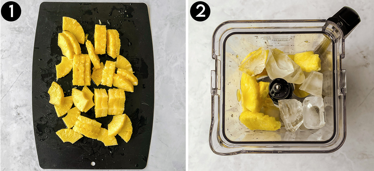 Collage of chopped pineapple and adding fruit and ice into blender.