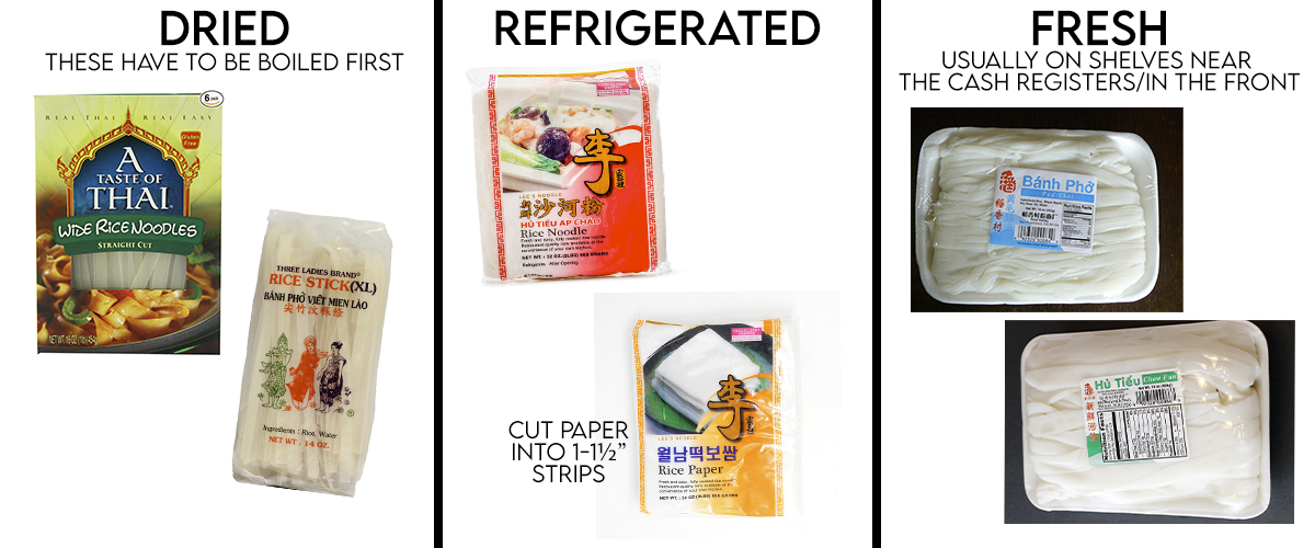Various dried, refrigerated, and fresh options for rice noodles.