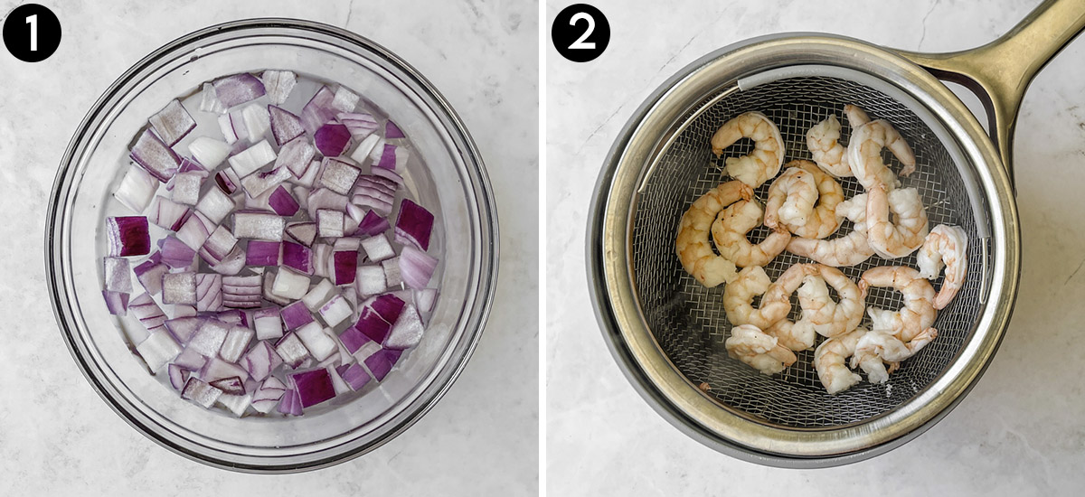 Collage: bowl of chopped red onion soaking in water and a pot of steaming shrimp.
