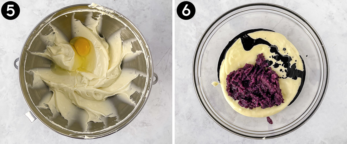 Adding eggs to cheesecake batter and a separate bowl with batter, ube jam, and ube extract.