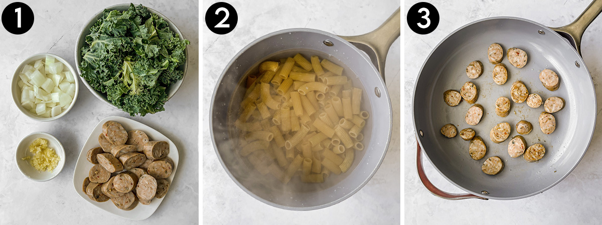 Collage of prepped veggies, boiling pasta, and searing sausage.