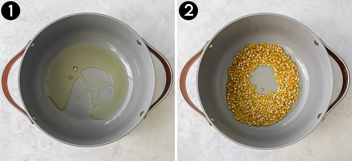 Collage of oil heating up in a pot and unpopped kernels.