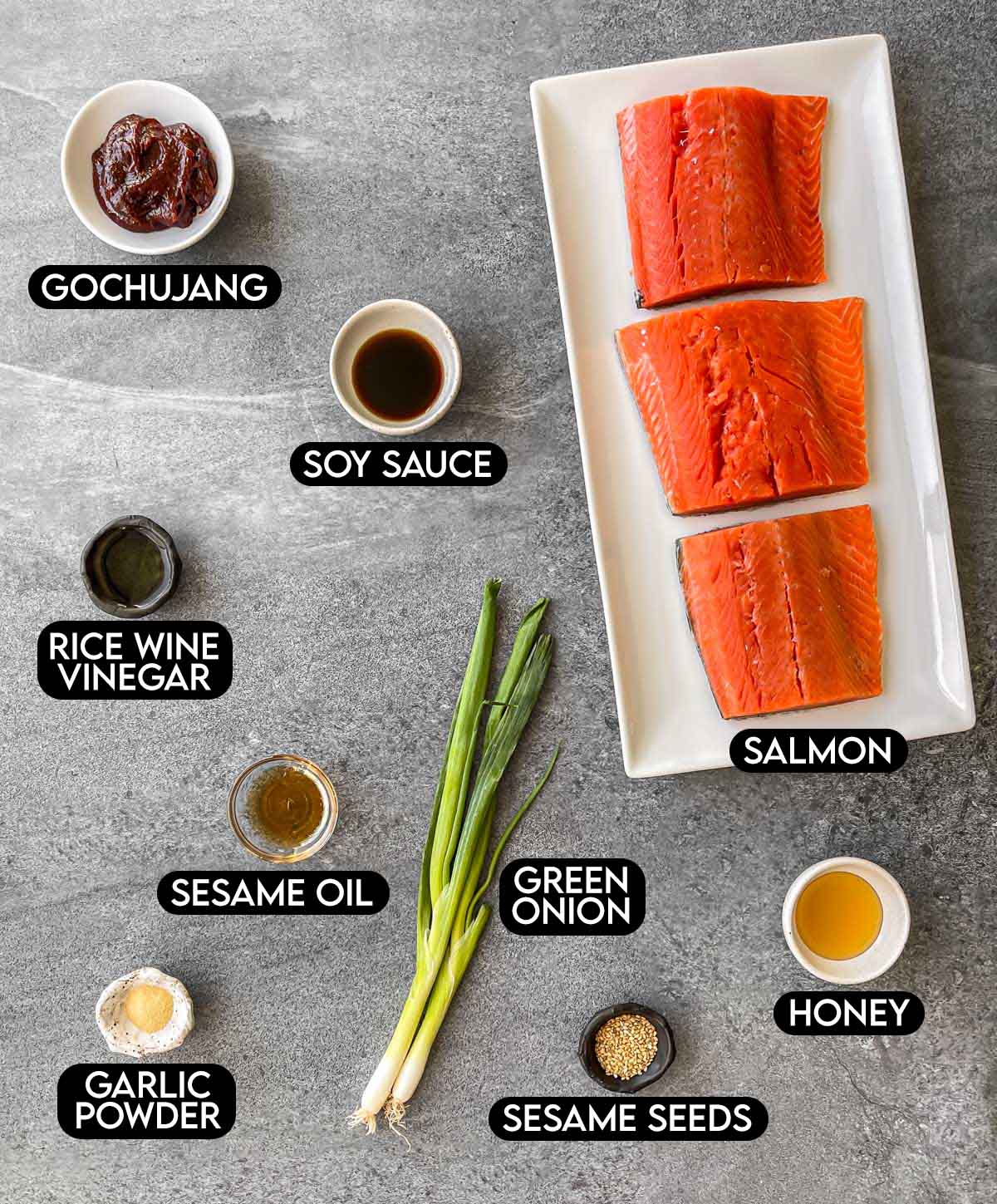 Labeled ingredients for Gochujang Salmon: gochujang, soy sauce, rice wine vinegar, sesame oil, green onion, salmon, garlic powder, sesame seeds, and honey.