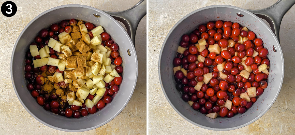 Cranberries, apples, and cinnamon added to the pot and stirred.