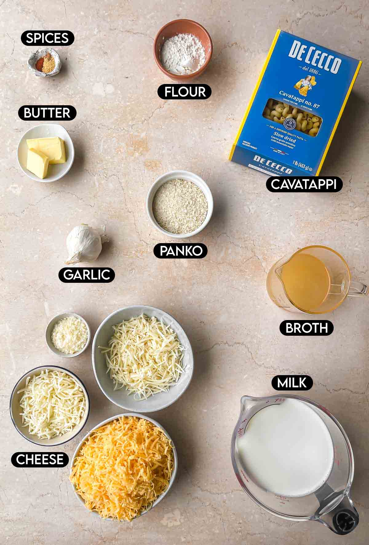 Labeled ingredients for Cavatappi Mac and Cheese: spices, butter, flour, cavatappi, garlic, Panko, cheese, broth, and milk.