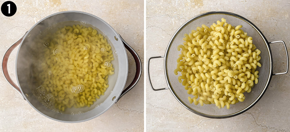 Boiling and draining cavatappi pasta.