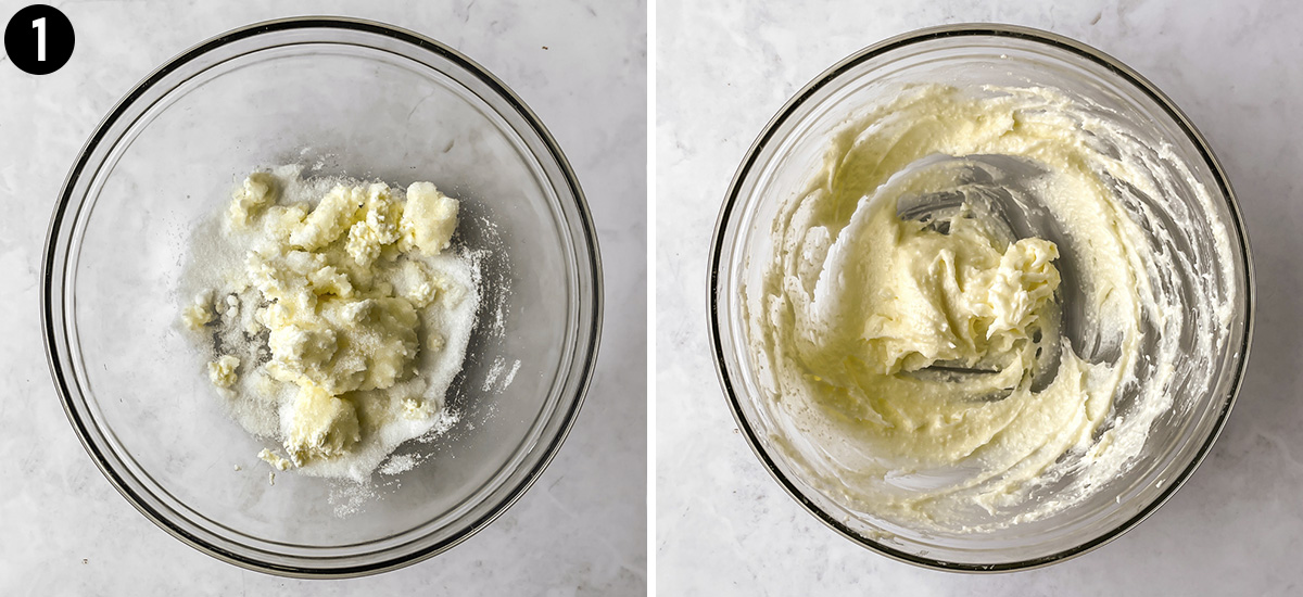 A bowl of cream cheese and sugar whisked together.