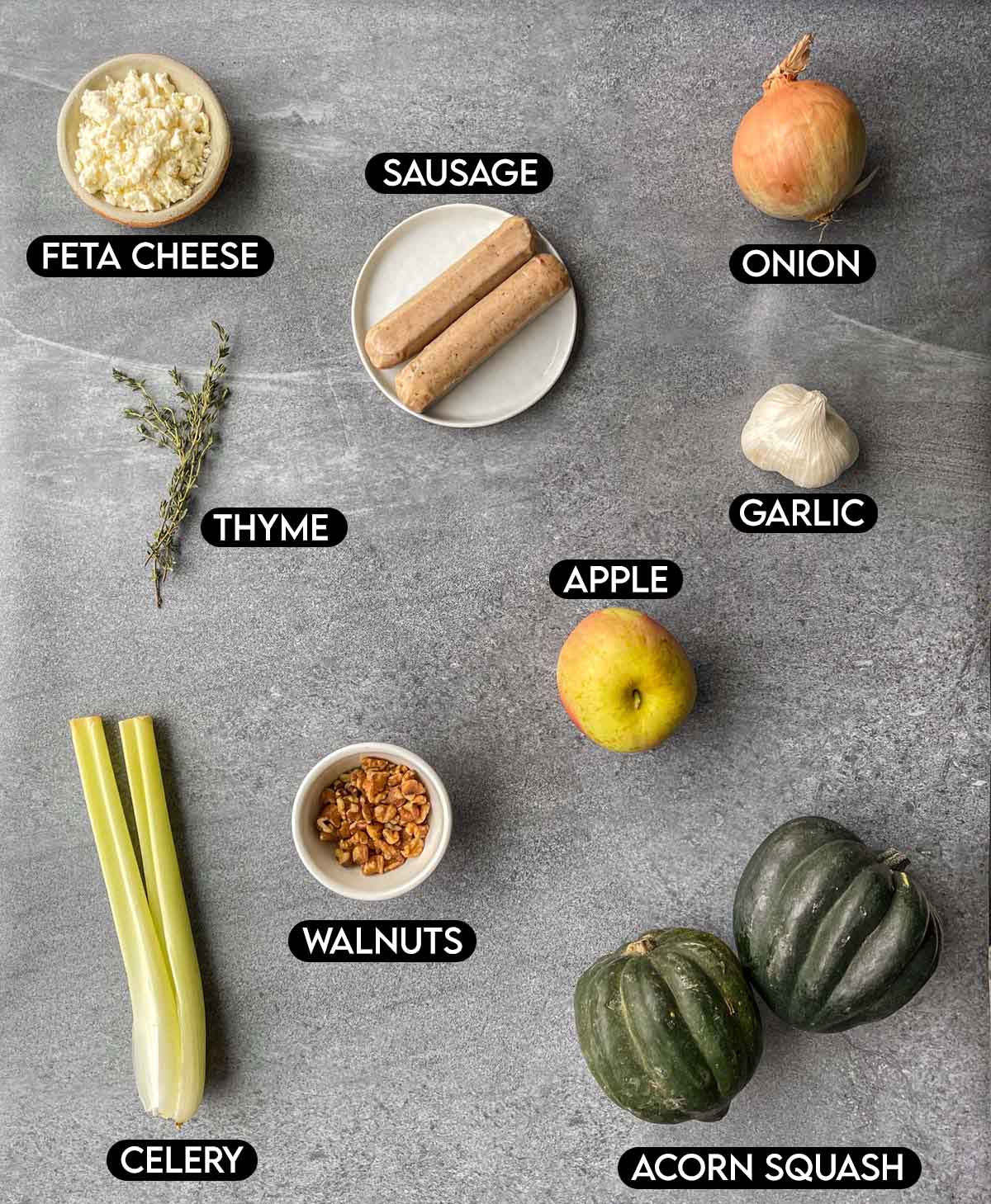 Labeled ingredients for Sausage Apple Stuffed Acorn Squash.