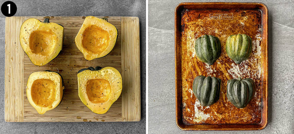 Cut acorn squash halves oiled and seasoned, then placed on baking sheet.