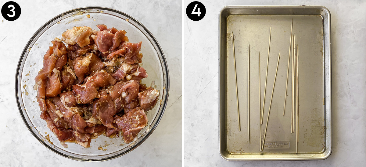 Collage of pork marinating and wooden skewers soaking in water.