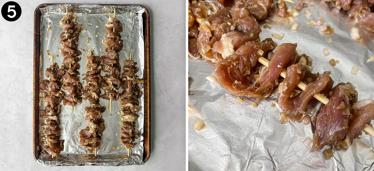 Skewers on a foil-lined baking sheet and close up of how to thread pork onto skewers.