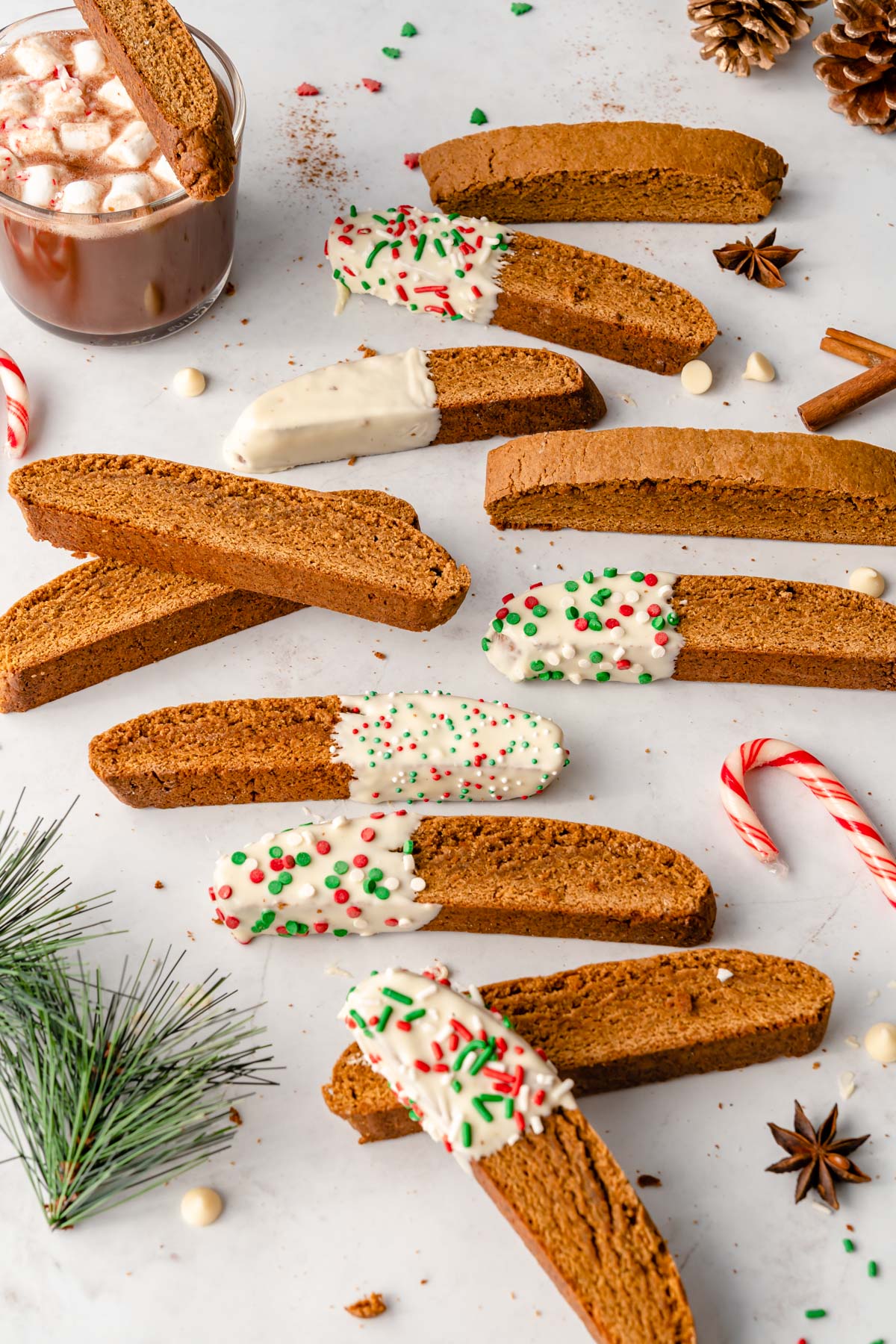 Close up of gingerbread biscotti surrounded by sprinkles, candy canes, and spices.