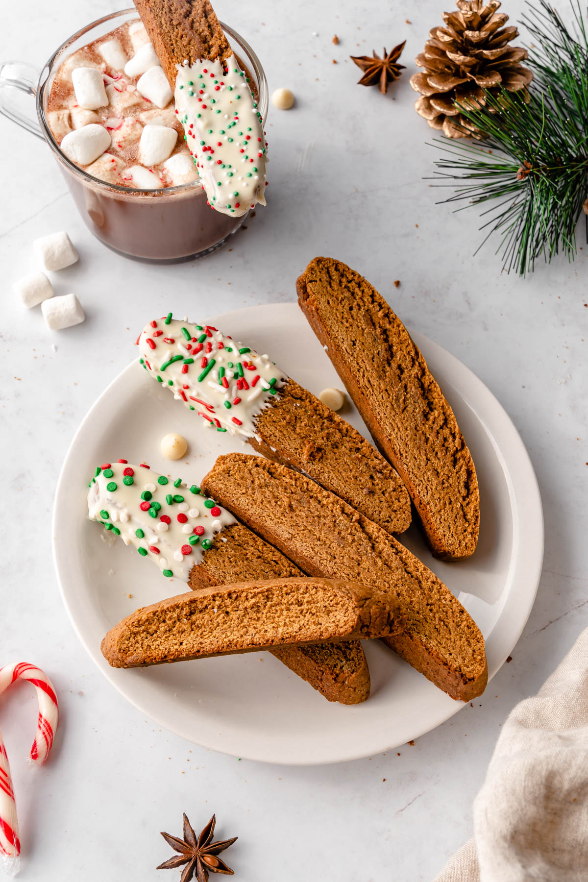 Gingerbread biscotti on a plate with a mug of hot cocoa to the side.