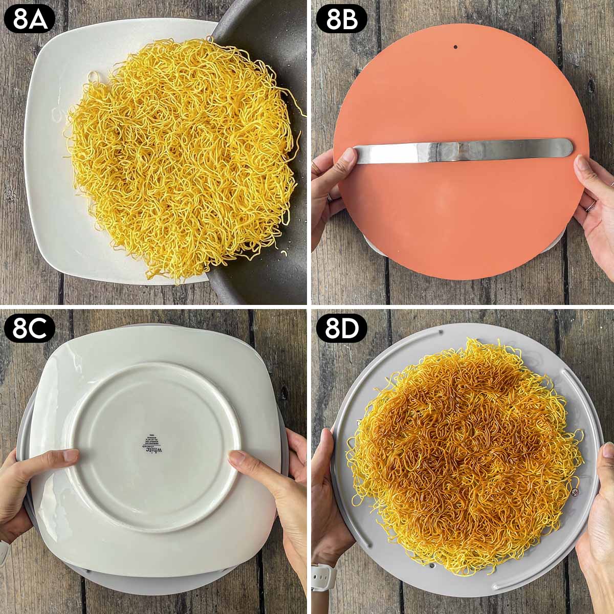 How to flip noodles using a plate and lid.
