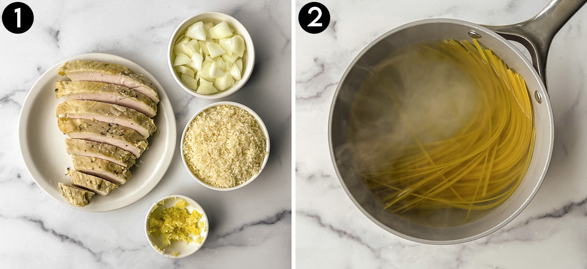 Collage of prepped fresh ingredients and fettucine in boiling water.