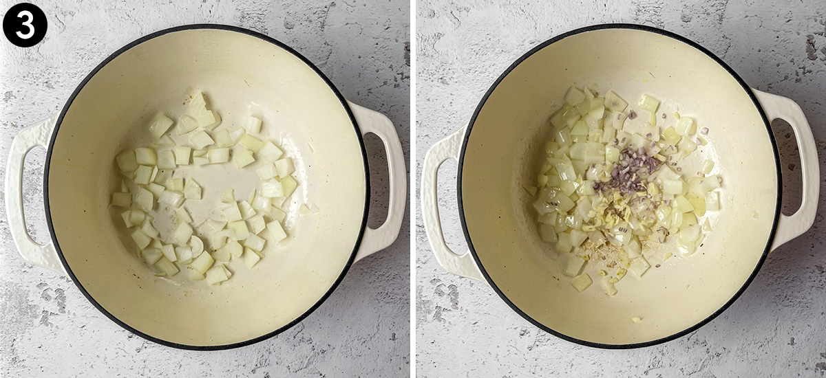 Sweating onion, shallots, and garlic in a big pot.