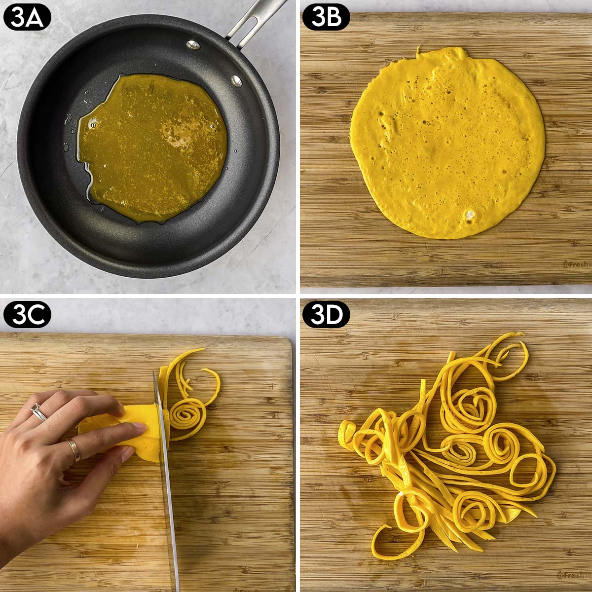 Cooking egg yolks and slicing thinly.
