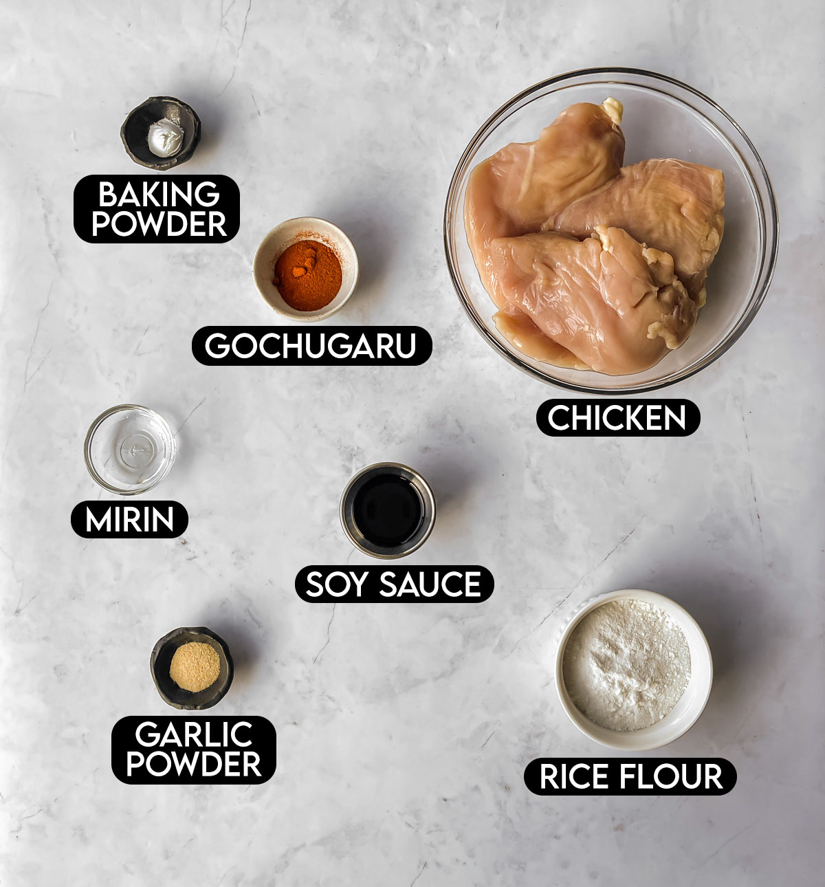 Labeled ingredients for Korean Popcorn Chicken.